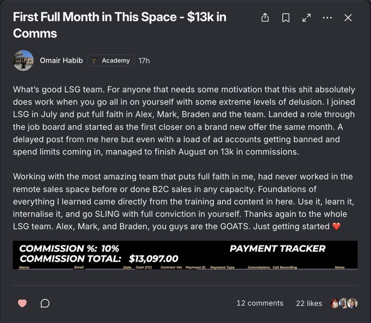 Omair Habib: first full month in this space, $13K in commissions